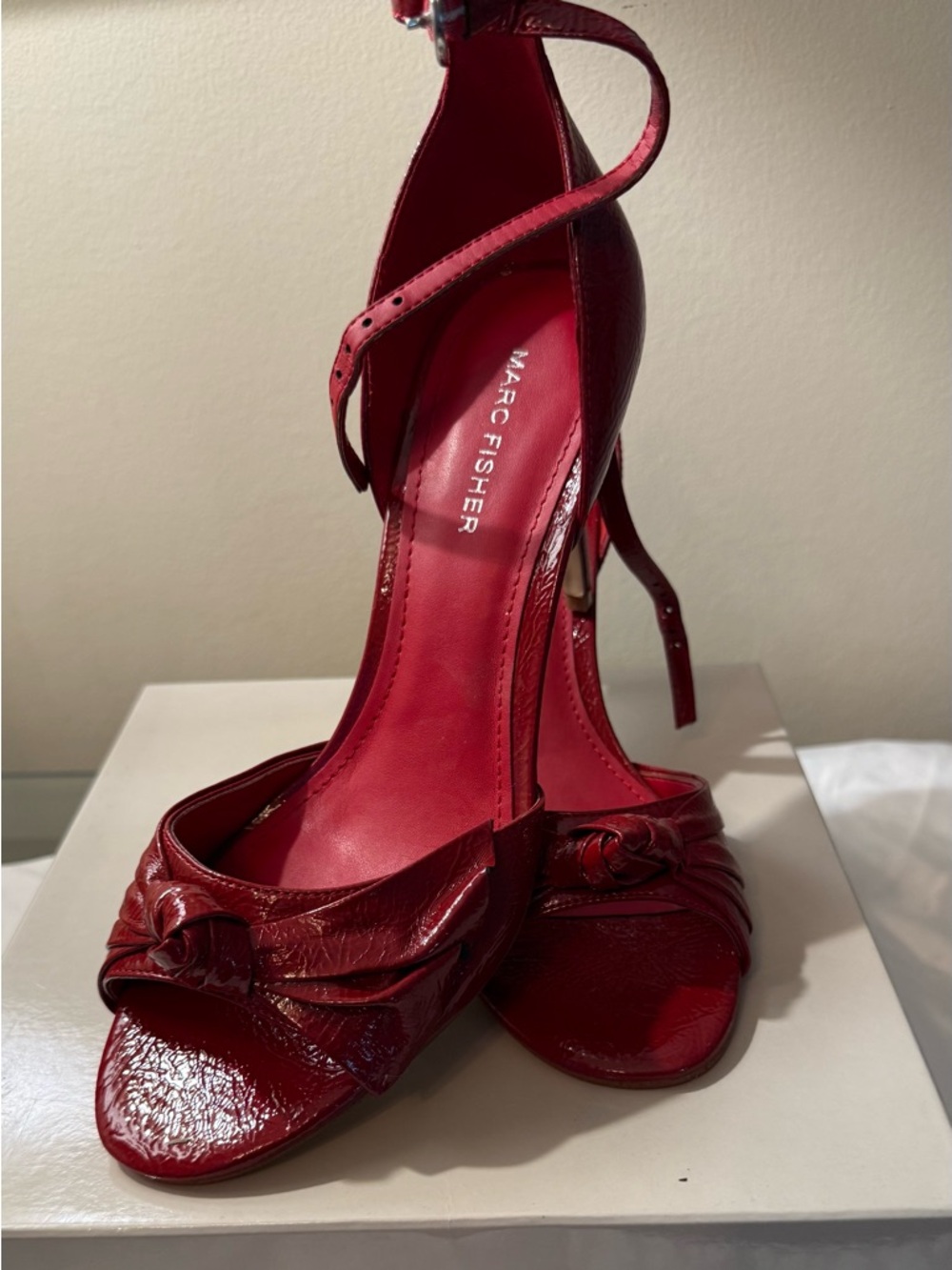 Marc Fisher Red Patent Leather Knotted Open-Toe Heels